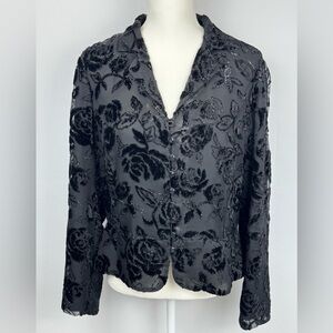 Talbots Black Floral Shimmer Velvet Jacket Blazer Semi Sheer Size 12 Formal